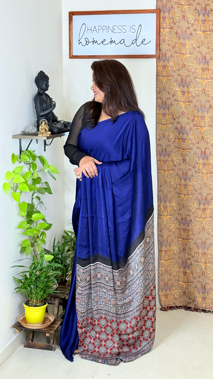 Plain Modal Silk Saree with Ajrakh Pallu
