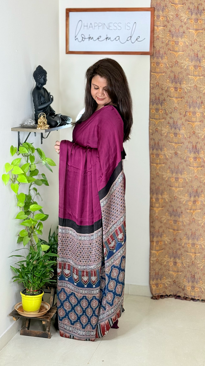 Plain Modal Silk Saree with Ajrakh Pallu