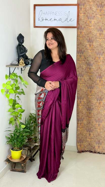 Plain Modal Silk Saree with Ajrakh Pallu