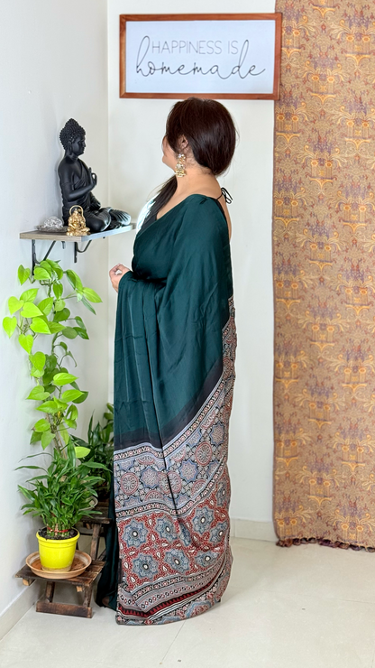 Plain Modal Silk Saree with Ajrakh Pallu