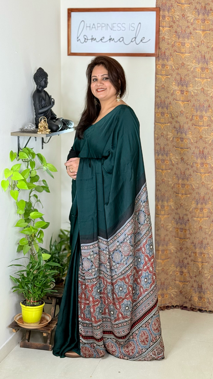 Plain Modal Silk Saree with Ajrakh Pallu