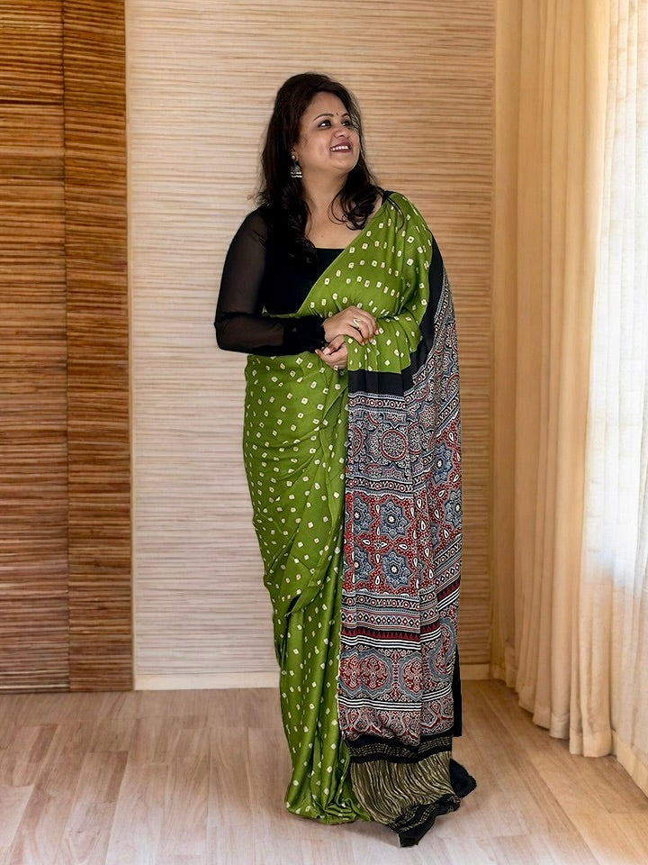 Modal Silk Bandhani Saree with Ajrakh Pallu