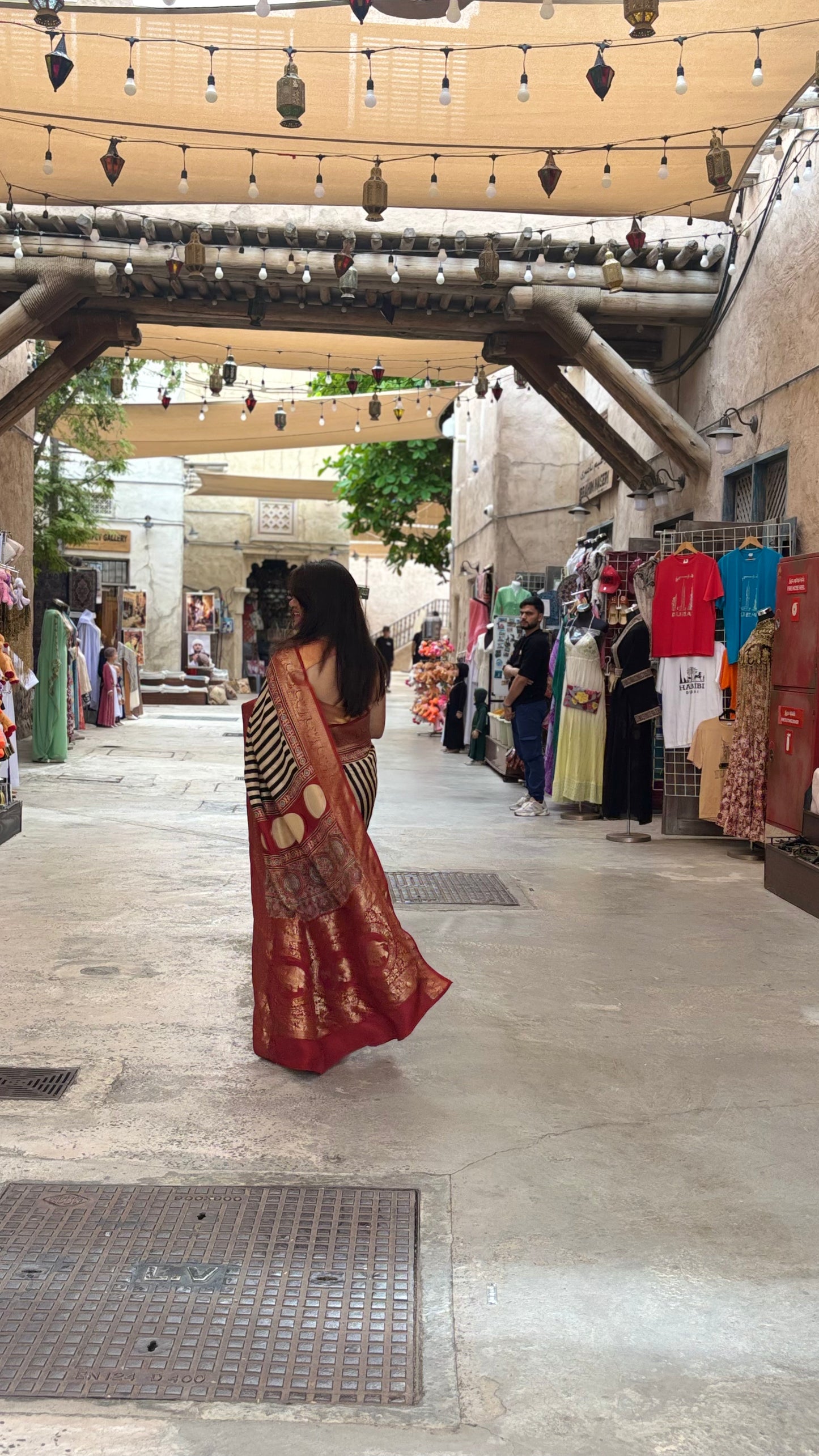 Ajrakh Stripes Saree Elephant Pallu