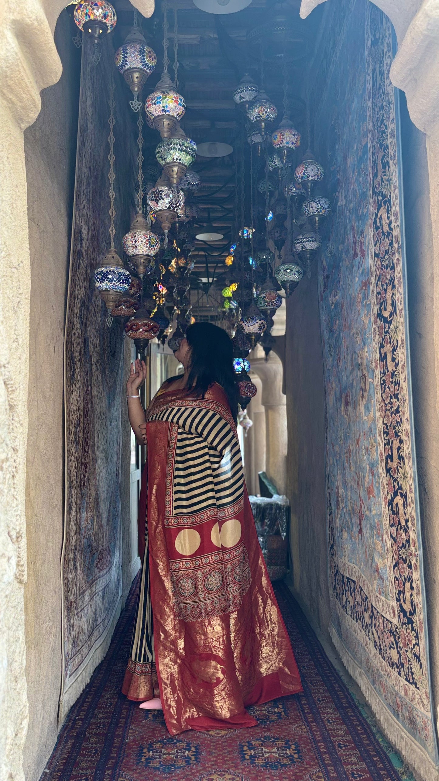 Ajrakh Stripes Saree Elephant Pallu