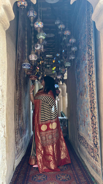 Ajrakh Stripes Saree Elephant Pallu