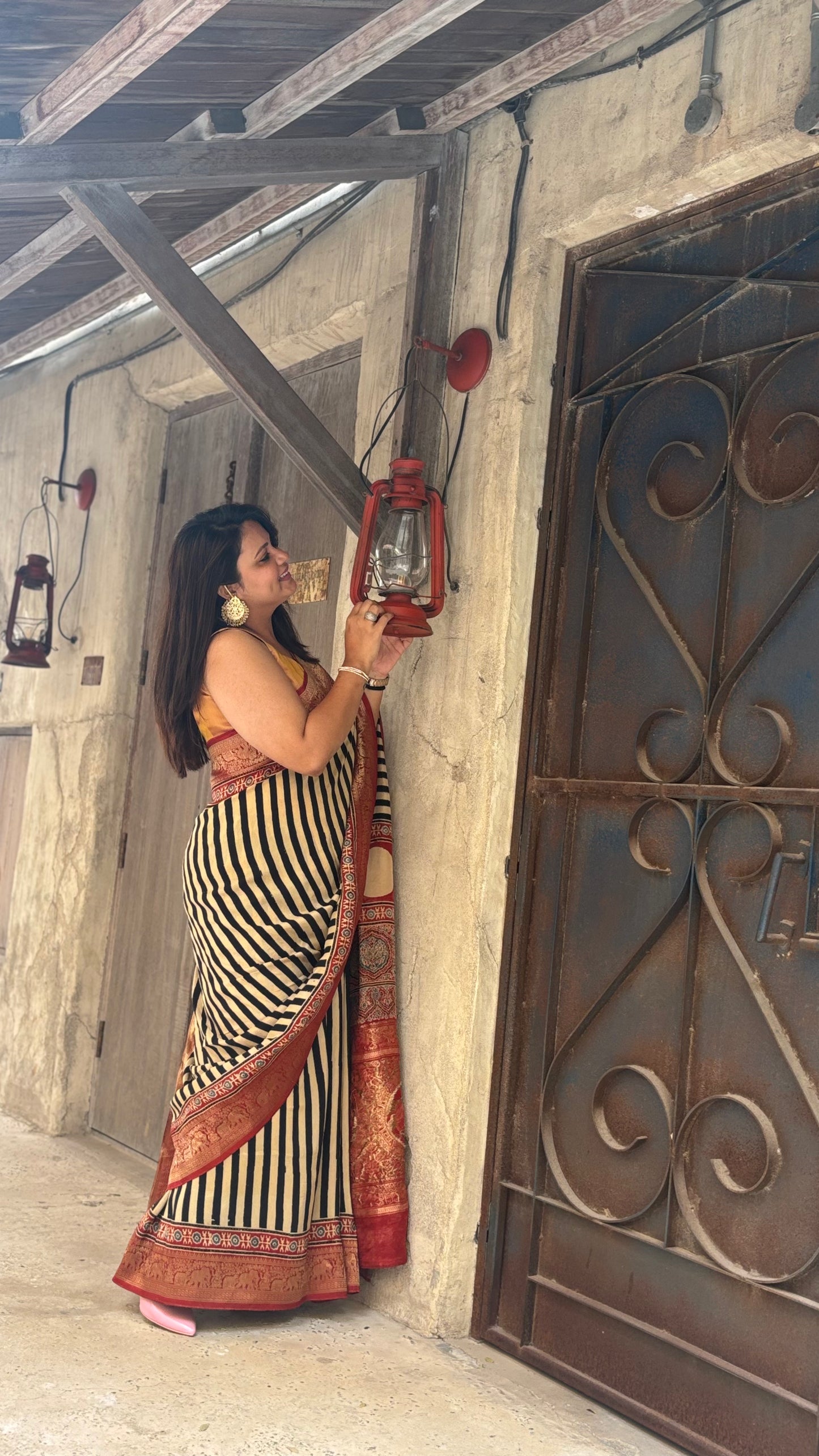 Ajrakh Stripes Saree Elephant Pallu