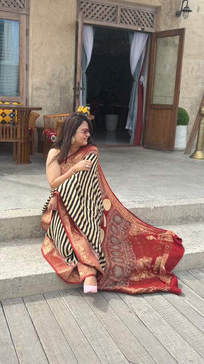 Ajrakh Stripes Saree Elephant Pallu