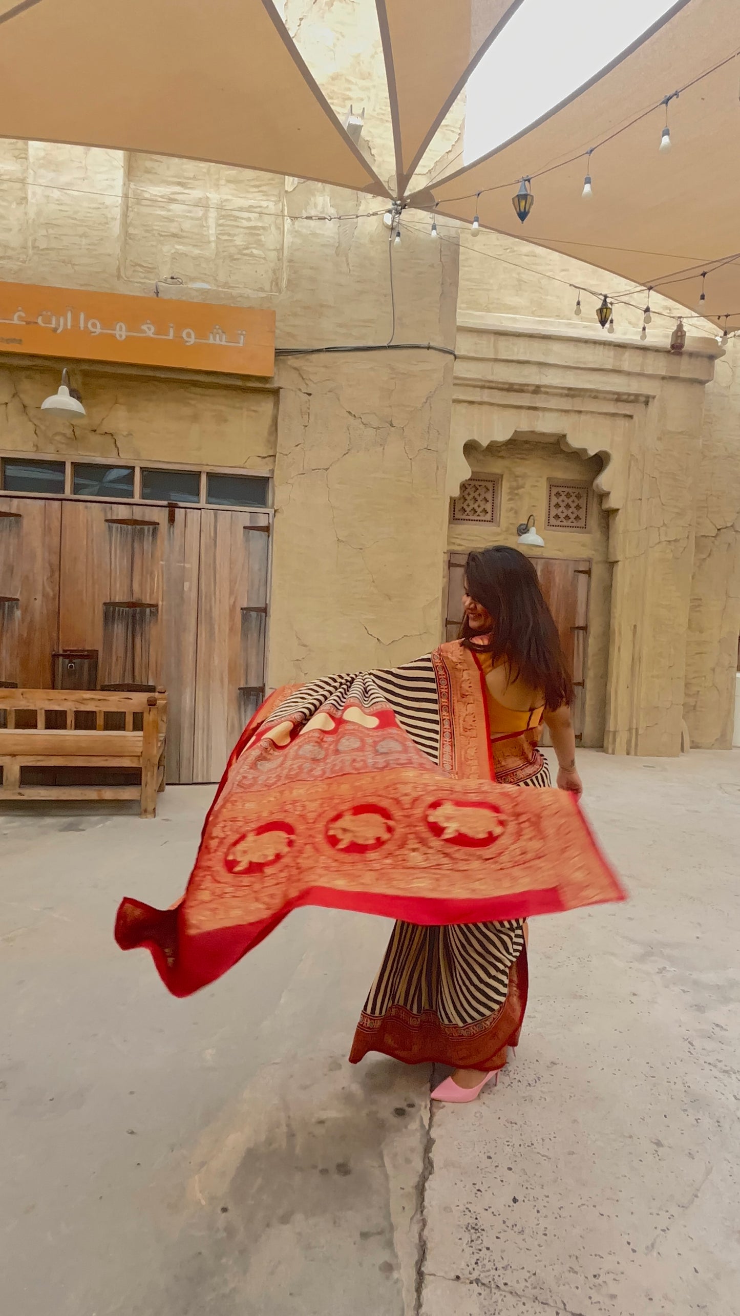 Ajrakh Stripes Saree Elephant Pallu