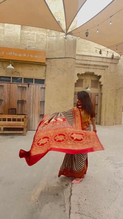 Ajrakh Stripes Saree Elephant Pallu