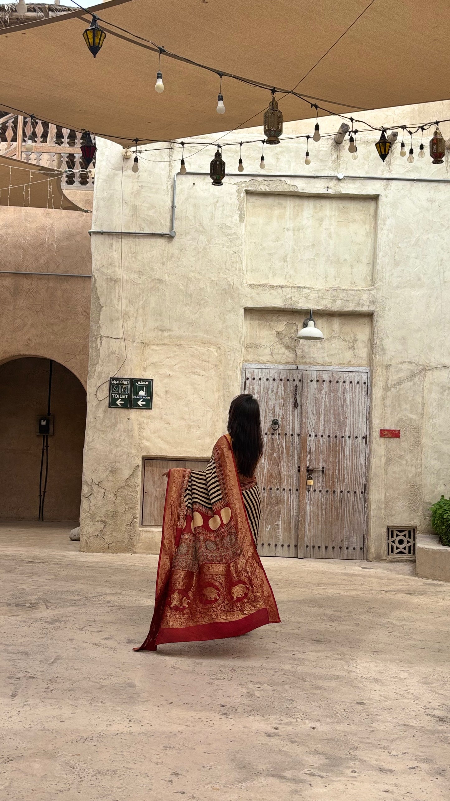 Ajrakh Stripes Saree Elephant Pallu