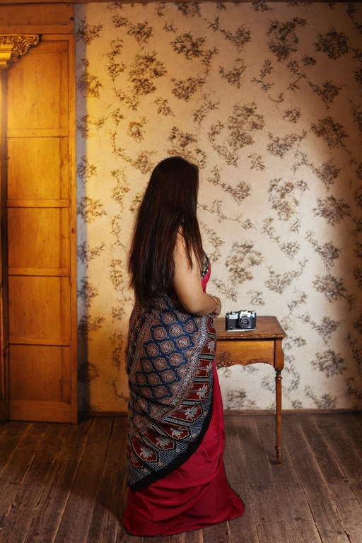 Plain Modal Silk Saree with Ajrakh Pallu