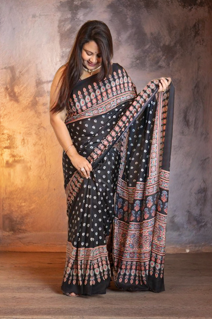 Black Crepe Saree with Ajrakh print