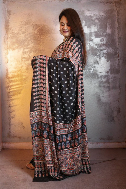 Black Crepe Saree with Ajrakh print