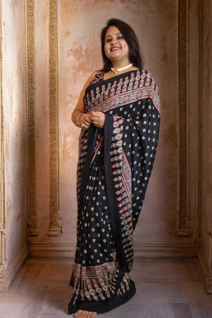Black Crepe Saree with Ajrakh print