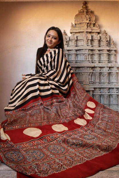 Monochrome Modal Silk Saree with Ajrakh Pallu