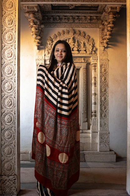 Monochrome Modal Silk Saree with Ajrakh Pallu