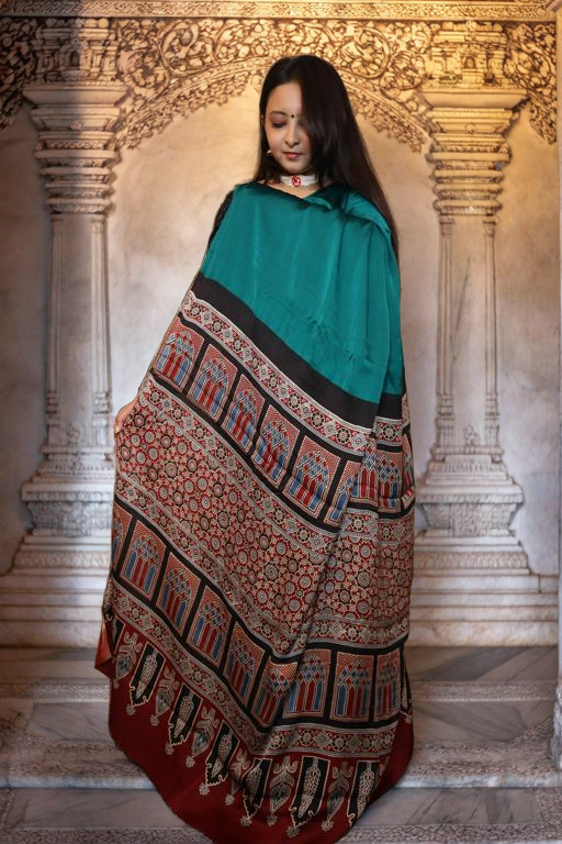 Plain Modal Silk Saree with Ajrakh Pallu