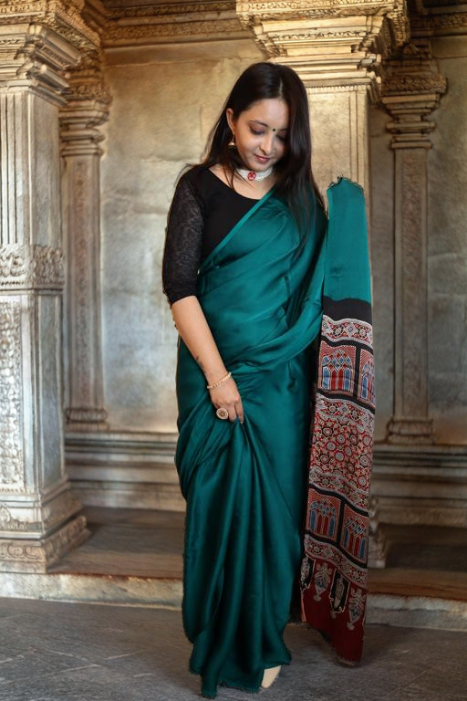 Plain Modal Silk Saree with Ajrakh Pallu