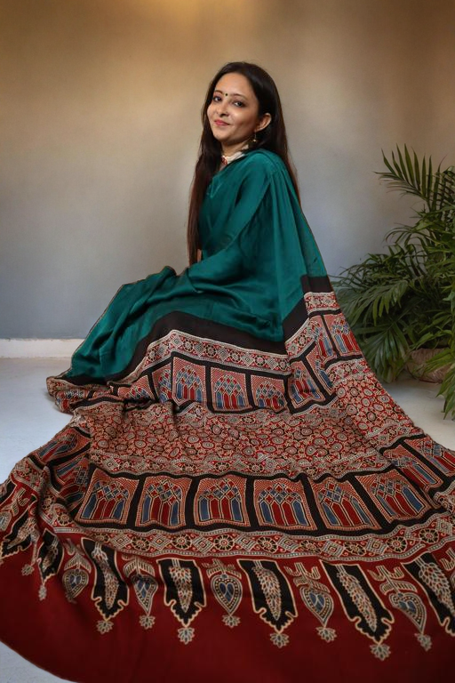 Plain Modal Silk Saree with Ajrakh Pallu