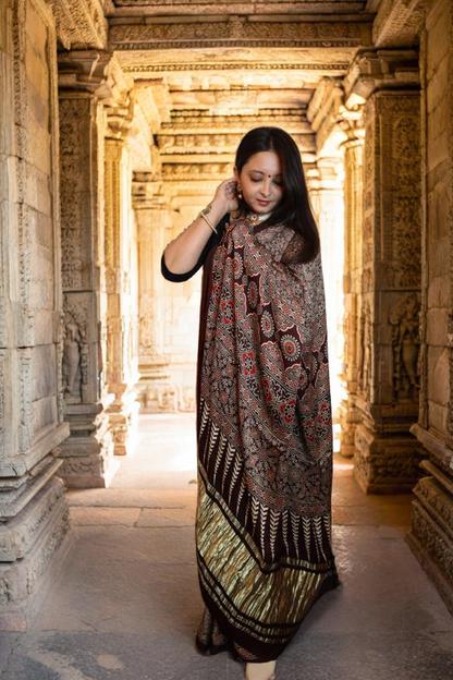 Ajrakh Modal Silk Saree with Ladga Patti Pallu