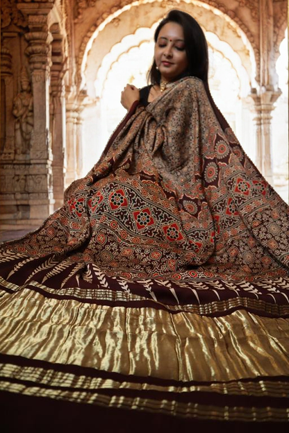 Ajrakh Modal Silk Saree with Ladga Patti Pallu