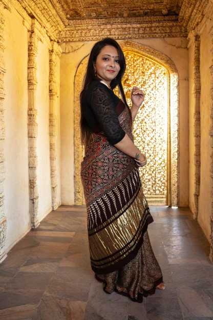 Ajrakh Modal Silk Saree with Ladga Patti Pallu