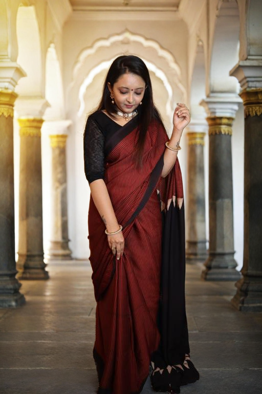 Brick Red Abstract Ajrakh Modal Silk Hand-Block Print Saree