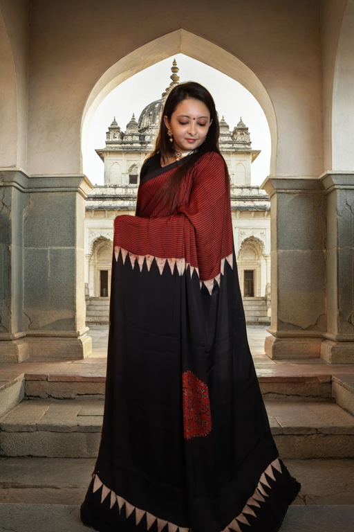 Brick Red Abstract Ajrakh Modal Silk Hand-Block Print Saree