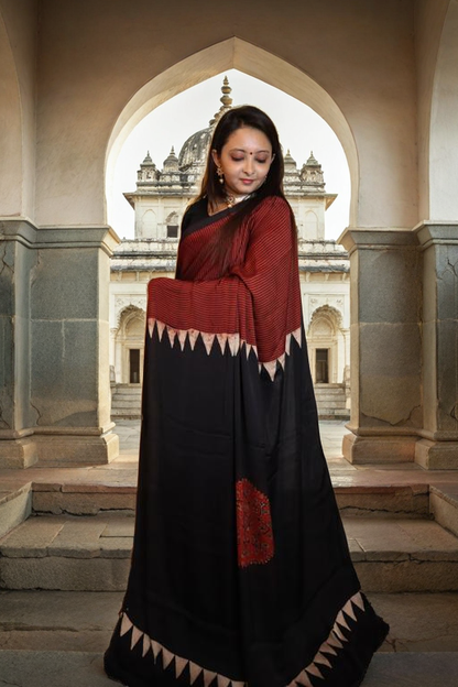 Brick Red Abstract Ajrakh Modal Silk Hand-Block Print Saree