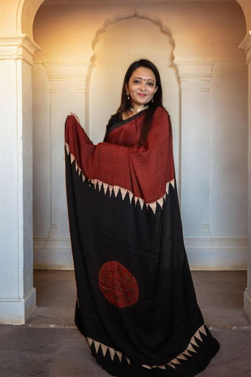 Brick Red Abstract Ajrakh Modal Silk Hand-Block Print Saree