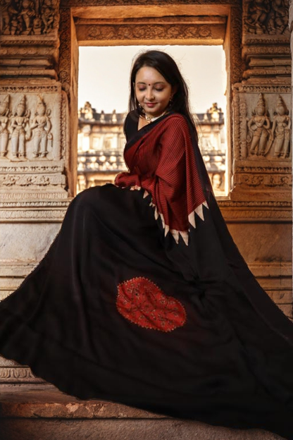 Brick Red Abstract Ajrakh Modal Silk Hand-Block Print Saree