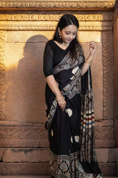 Black Polka Badam Ajrakh Saree