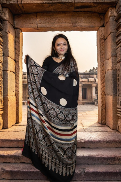 Black Polka Badam Ajrakh Saree