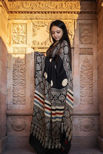 Black Polka Badam Ajrakh Saree