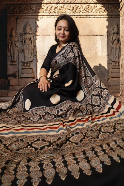 Black Polka Badam Ajrakh Saree