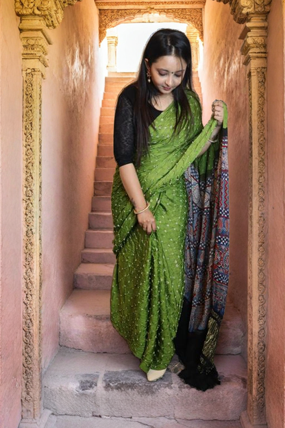 Modal Silk Bandhani with Ajrakh Pallu