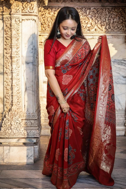 Red Ajrakh Saree with Elephant Pallu