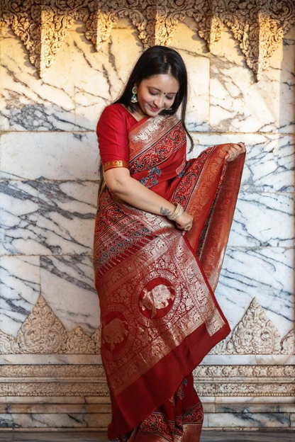 Red Ajrakh Saree with Elephant Pallu