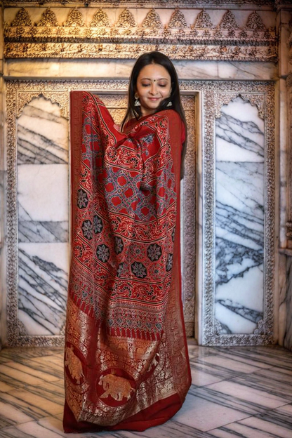 Red Ajrakh Saree with Elephant Pallu