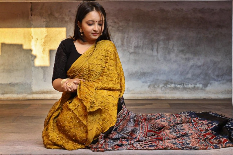 Modal Silk Bandhani Saree with Ajarakh Pallu