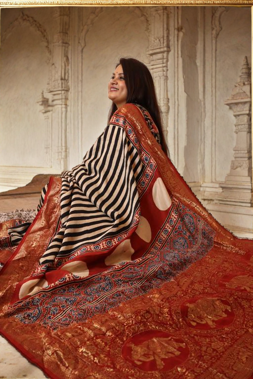Ajrakh Stripes Saree Elephant Pallu