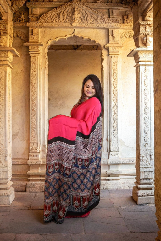 Plain Modal Silk Saree with Ajrakh Pallu
