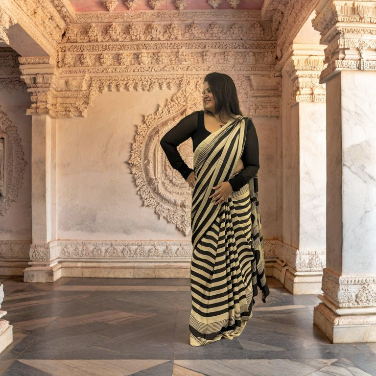 Monochrome Ajrakh Hand-Printed Modal Silk Saree