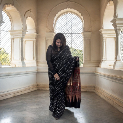 Polka Dot Modal Silk Saree With Ajrakh Pallu