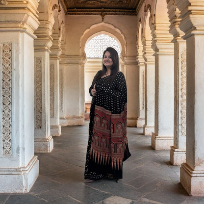 Polka Dot Modal Silk Saree With Ajrakh Pallu