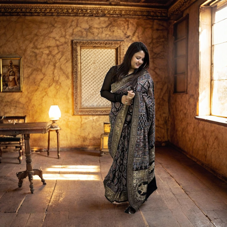 Black Ajrakh Dola Silk Saree