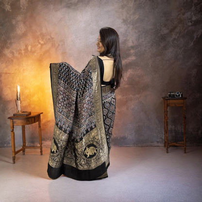 Black Ajrakh Dola Silk Saree