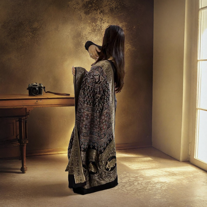 Black Ajrakh Dola Silk Saree