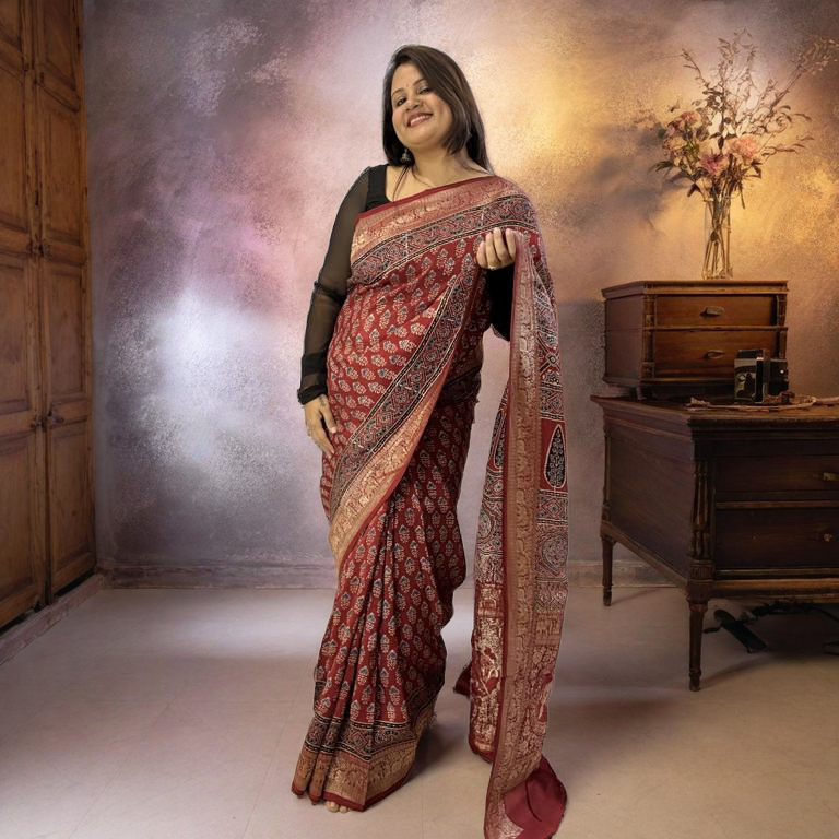 Red Ajrakh Dola Silk Saree