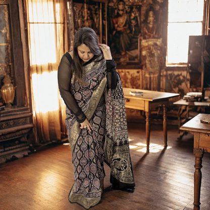 Black Ajrakh Dola Silk Saree
